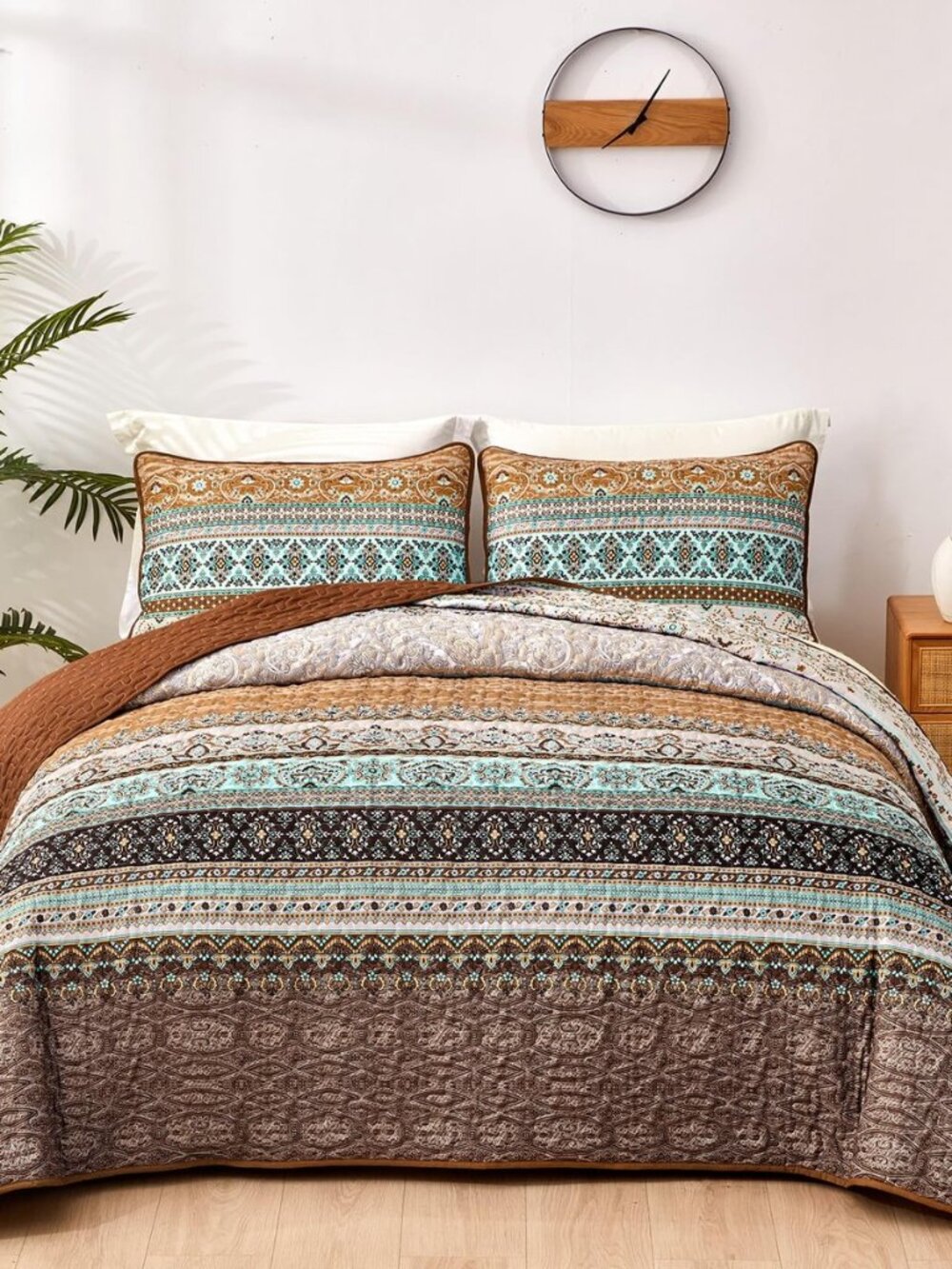 Boho Full Quilt Bedding Set, 3 Pieces Soft Bedspread,Brown